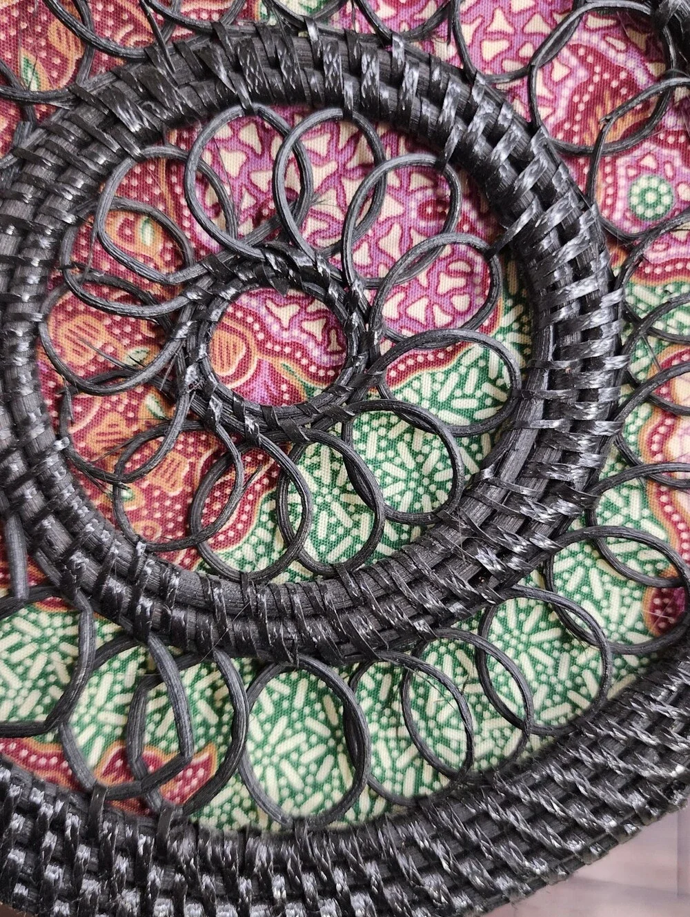 Handwoven Rattan Round Crossbody Bag with Multicolor Batik Inlay Boho Festival